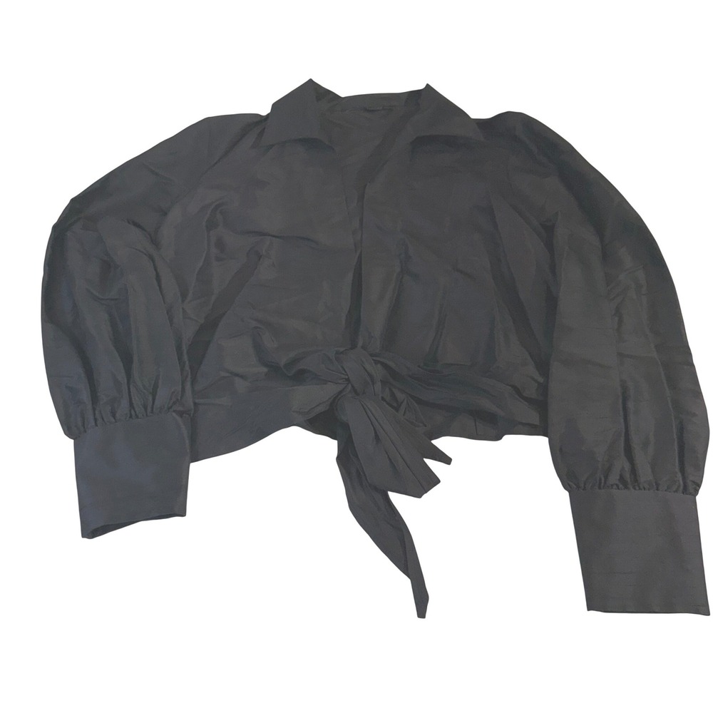 Lafayette 148 Silk Wrap Blouse 8 Black Tie Front Rhinestone Cuff